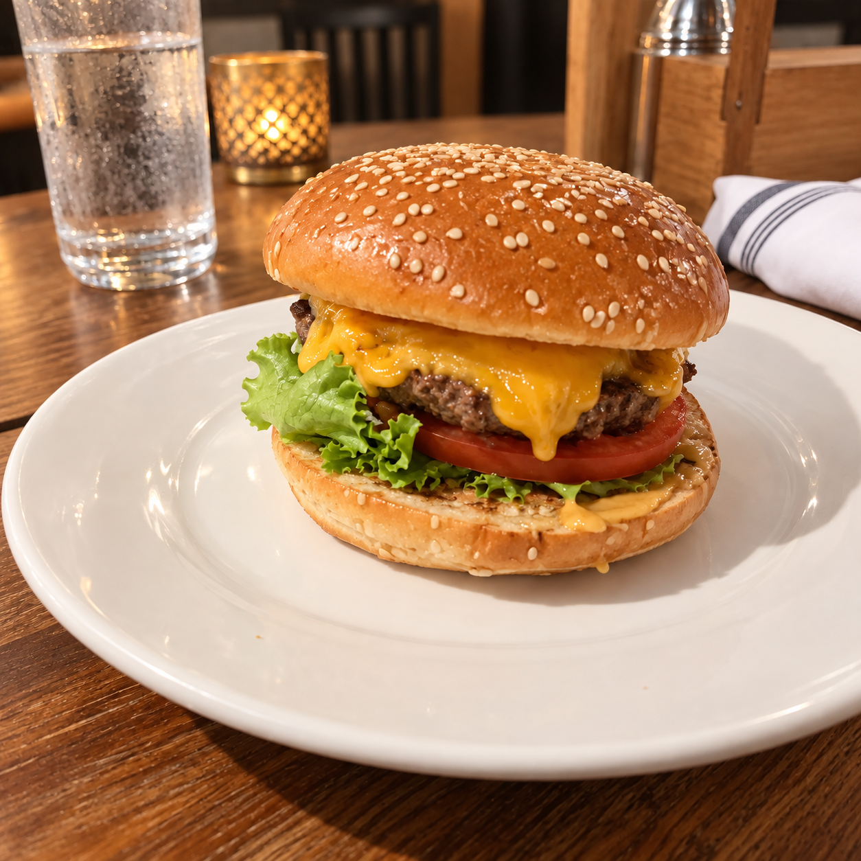 Actual saved AI edited cheeseburger candidate with brighter table lighting